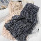 Shirred Midi A-line Mesh Skirt