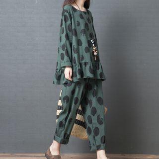 Set: Long-sleeve Dotted Top + Cropped Wide-leg Pants