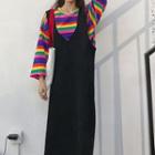 Long-sleeve Striped T-shirt / V-neck Midi Pinafore Dress