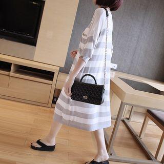 Pocket-front Stripe 3/4 Sleeve Sheer Midi Shift Dress