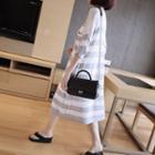 Pocket-front Stripe 3/4 Sleeve Sheer Midi Shift Dress