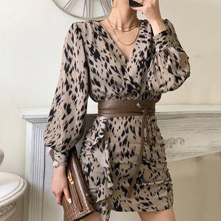 Puff-sleeve Leopard Print A-line Dress Black & Almond - One Size