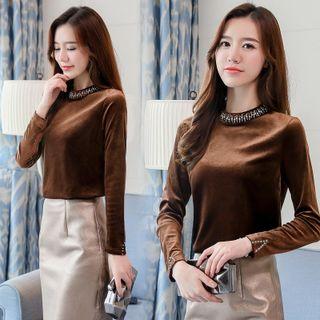Embellished Long-sleeve Velvet Top