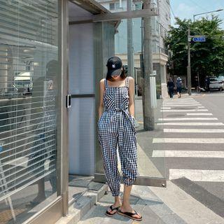 Sleeveless Gingham Jumpsuit With Sash Black - One Size