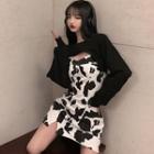 Cropped Sweatshirt / Patterned Spaghetti Strap Mini Sheath Dress