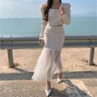 Embellished Blouse / Mesh Panel Midi Skirt