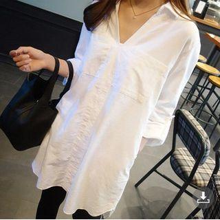 Long-sleeve V-neck Plain Loose Fit Long Shirt