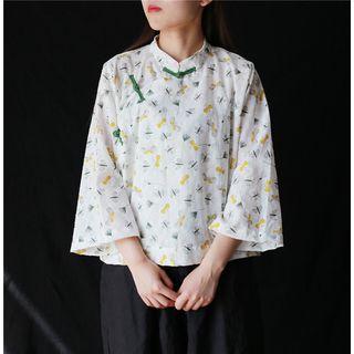 3/4-sleeve  Frog-buttoned Jacquard Top Pattern - White - One Size