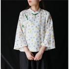 3/4-sleeve  Frog-buttoned Jacquard Top Pattern - White - One Size