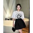 Short-sleeve Flower Print T-shirt / Mini A-line Skirt
