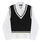 Contrast Trim Sweater Vest Vest - Black & White - One Size