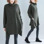 Pocket Detail Turtleneck Long-sleeve Knit Dress Grayish Blue - One Size