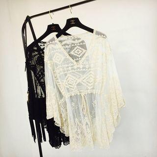 Embroidered Mesh Long-sleeve Cover-up