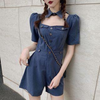 Short-sleeve Square-neck Denim Playsuit
