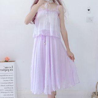 Set: Ruffle Trim Camisole Top + Midi A-line Skirt / Open-front Jacket