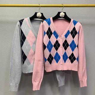 Argyle Single-breasted Knit Cardigan
