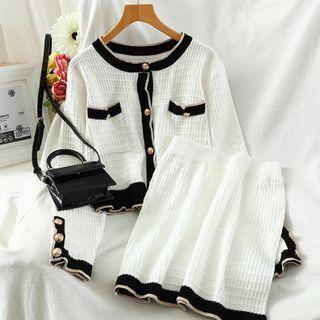 Set: Long-sleeve Buttoned Knit Top + Fitted Mini Skirt