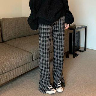 Houndstooth Woolen Split Wide-leg Pants Black & Gray - One Size