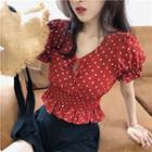 Polka Dot Short-sleeve Gathered Waist Chiffon Blouse