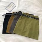 Plain Corduroy High-waist A-line Skirt With Belt