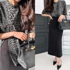 Elbow-sleeve Deep-slit Leopard Top Gray - One Size