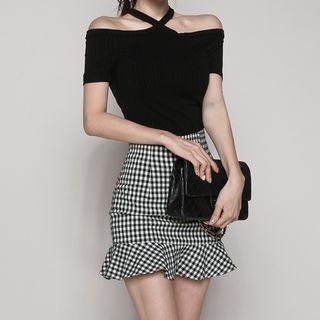 Set: Off-shoulder Top + Houndstooth Skirt