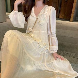 Set: Long-sleeve Floral Print Midi A-line Dress + Knit Camisole Top