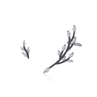 Simple And Creative Plated Black Branches And Leaves Asymmetrical Stud Earrings With Cubic Zirconia Black - One Size