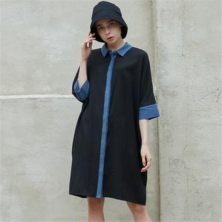 Dolman-sleeve Piped Midi Shirtdress Black - One Size