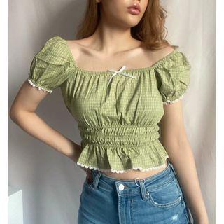 Puff Sleeve Off-shoulder Lace-trim Plaid Crop Top