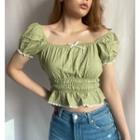 Puff Sleeve Off-shoulder Lace-trim Plaid Crop Top