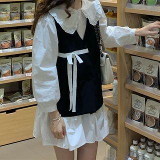 Long-sleeve Plain Ruffle Trim Shirtdress / Bow V-neck Knit Vest
