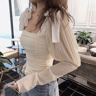 Puff-sleeve Ribbon-accent Top