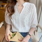 Puff Short-sleeve V Neck Plain Perforated Embroidered Top