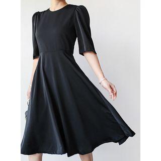 Puff-sleeve A-line Midi Dress
