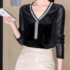 Long-sleeve Fringed Velvet Top