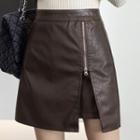 High-waist Plain Asymmetric Slit Zip-up Pu Skirt