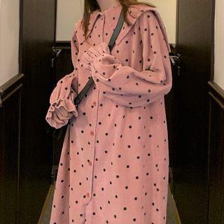 Long-sleeve Wide-collar Dotted Midi A-line Corduroy Dress