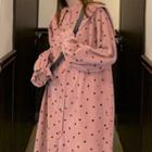 Long-sleeve Wide-collar Dotted Midi A-line Corduroy Dress