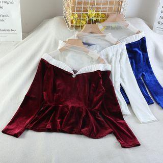 Long-sleeve Frill Trim Mesh Panel Velvet Peplum Blouse