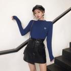 Set: Printed Long Sleeve Top / Asymmetrical Faux Leather Mini Skirt With Belt