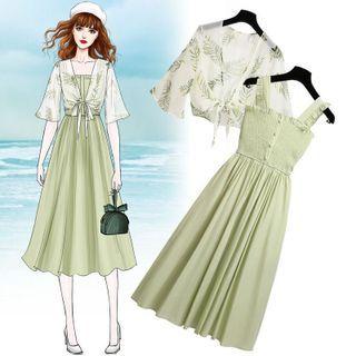 Set: Wide Strap Midi A-line Dress + Floral Light Jacket