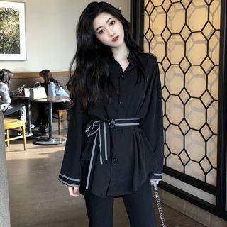 Long-sleeve Tie Waist Shirt Black - One Size