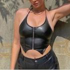 Zipped Faux Leather Cropped Halter Top