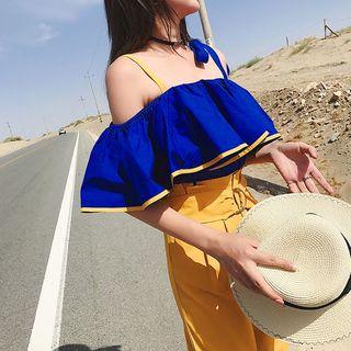 Off-shoulder Strap Ruffle Cropped Top