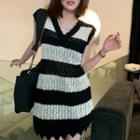 V-neck Striped Cut-out A-line Mini Knit Dress Black & White - One Size