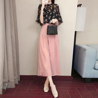 Set: Plain Wide Leg Pants + Floral Print Elbow Sleeve Blouse