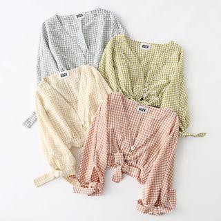 Long-sleeve Gingham Ribbon Cropped Top