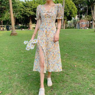 Puff-sleeve V-neck Floral Printed Slit Dress