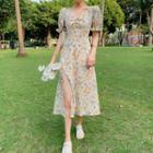 Puff-sleeve V-neck Floral Printed Slit Dress